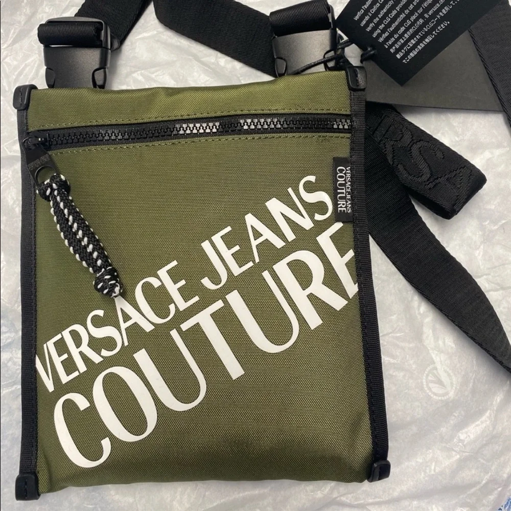 Versace couture Macro Logo collection techno fabric & leather messenger bag